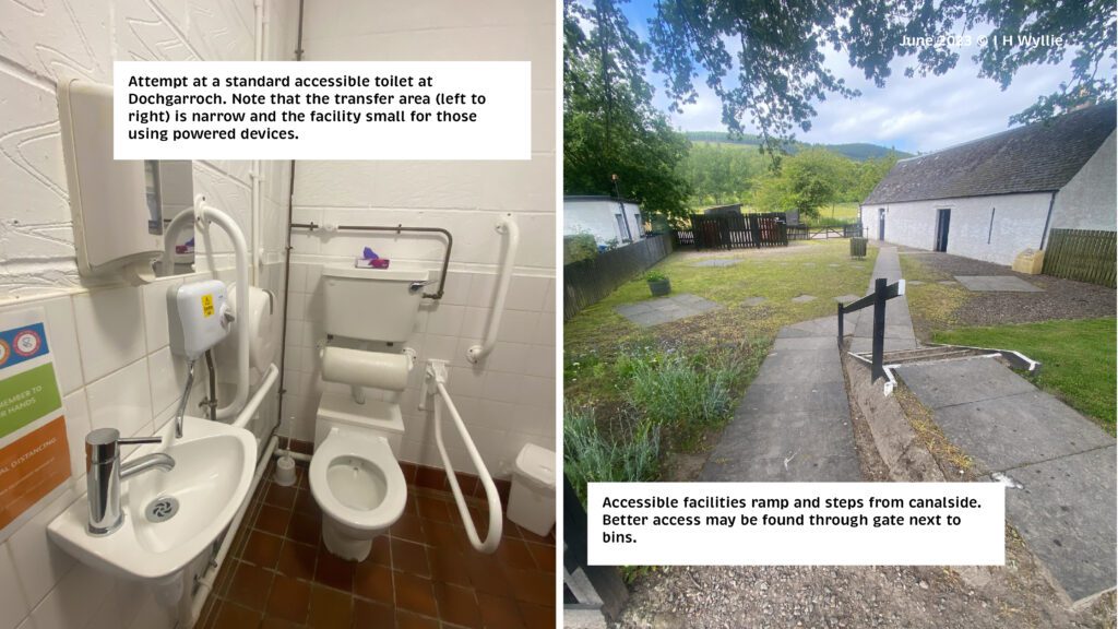 Shows a poor attempt at an accessible toilet at Laggan Locks and the exterior of the building there. 