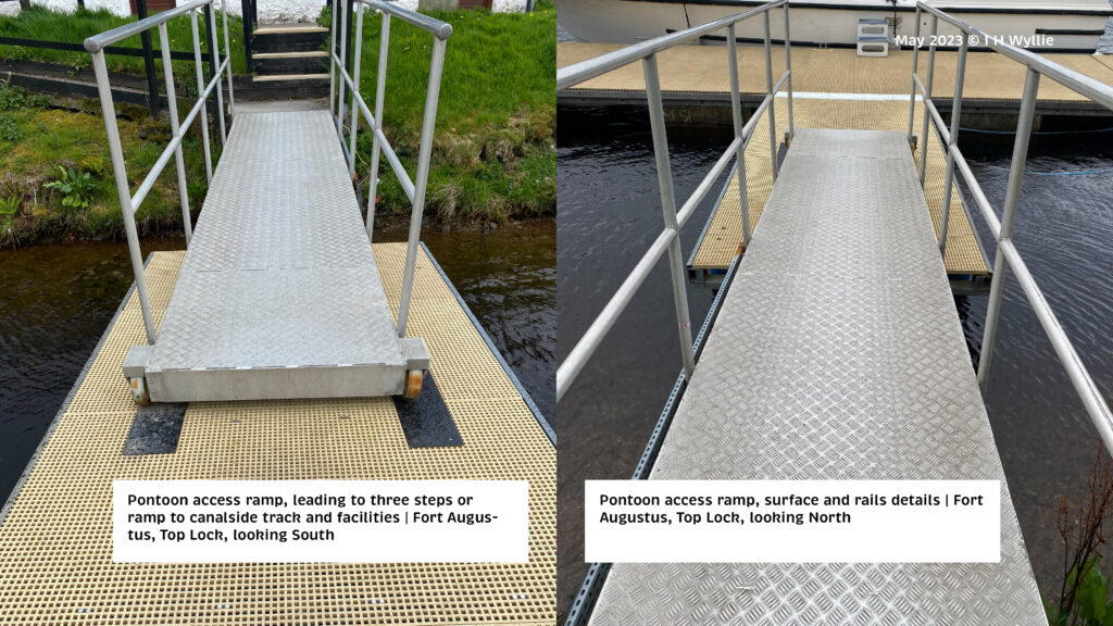Shows pontoon access ramp via an aluminium gangway onto a high friction pontoon at Fort Augustus Top