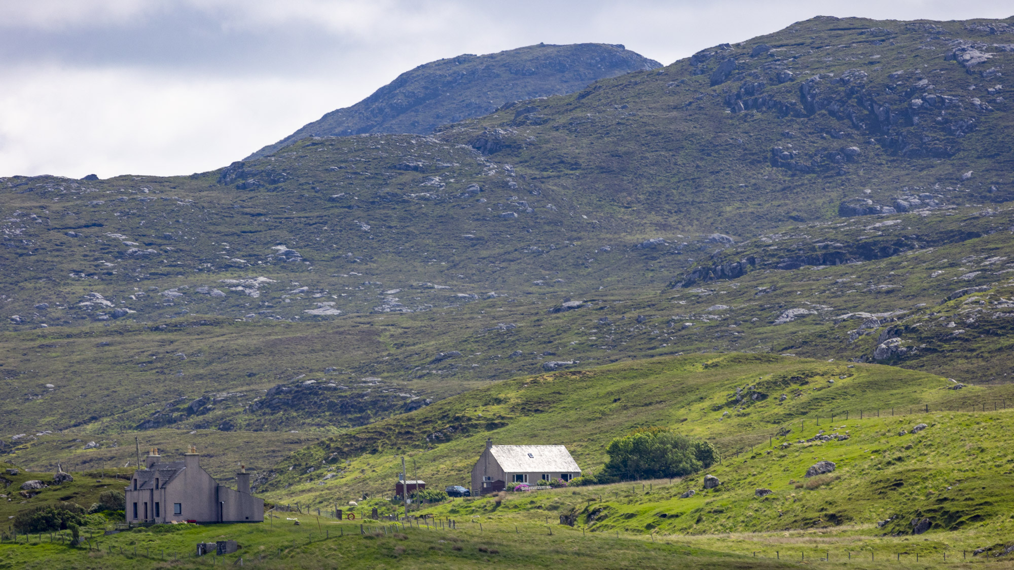 Small houses against a robust risking green landscape