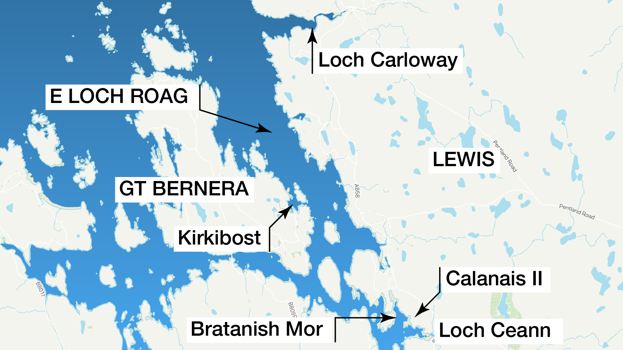 Map showing East Loch Roag with surrounding Settlements